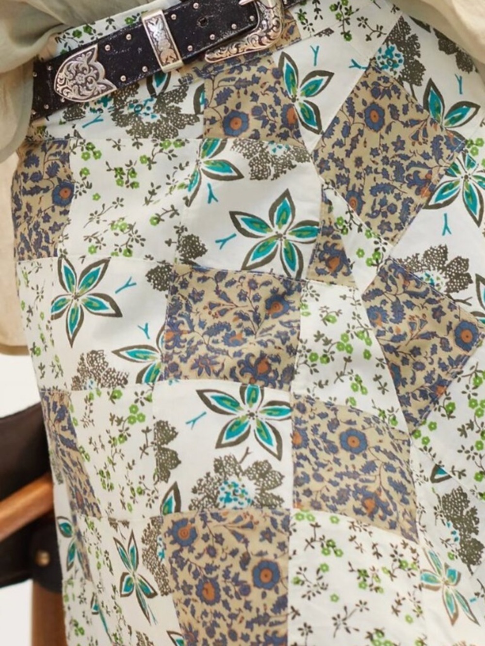 RAGA Anthropologie White Maxi Skirt with Teal Band and Brown Patchwork XL - Picture 3 of 11
